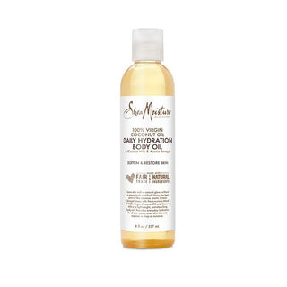 A 237ml bottle of Shea Moisture 100% Virgin Coconut Oil Daily Hydration Body Oil, featuring a lightweight, fast-absorbing formula infused with Virgin Coconut Oil and Coconut Milk. Designed for all skin types, this body oil provides everyday hydration, leaving the skin moisturized and glowing without a greasy residue.