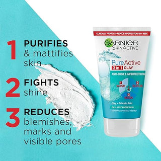 Garnier 3In1 Clay, Face Scrub and Mask, Pure Active, 150ml
