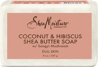 Shea Moisture Coconut & Hibiscus Bar Soap, 230g, formulated with organic Shea Butter, Coconut Oil, and Hibiscus Flower, cleanses, moisturizes, and brightens dull skin while improving firmness and skin tone.