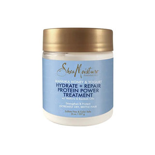 Shea Moisture Hydrate + Repair Manuka Honey & Yogurt Protein Power Treatment is a 227 ml deep conditioning treatment formulated to strengthen and restore moisture to damaged hair.
