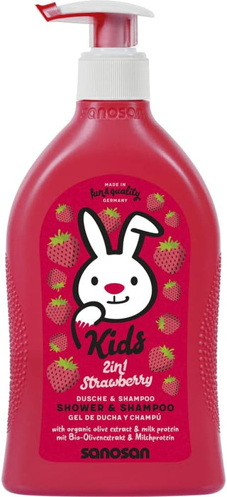 sanosan 2-in-1 Shower & Shampoo Strawberry for Children & Baby, 400 ml, Shower Gel & Hair Shampoo with Organic Olive Extract & Milk Protein, Hair Care, Skin Care, Shower Gel, Hair Shampoo