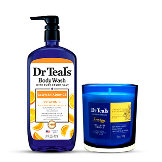 Dr Teal's Glow & Radiance Vitamin C Body Wash and Aromatherapy Energy Wellness Candle with Orange, Sage & Bergamot Combo