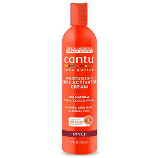 Cantu Moisturizing Curl Activator Cream with Shea Butter for Natural Hair, 12 fl oz. Ideal for defining and moisturizing type 2 waves, type 3 curls, and type 4 coils, free from mineral oil, sulphates, parabens, silicones, phthalates, gluten, paraffin, and propylene.