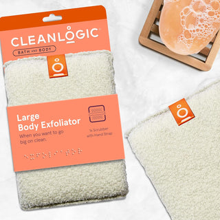 A CleanLogic Exfoliating Body Scrubber featuring a dual-texture design, perfect for gently exfoliating and removing dead skin cells to reveal softer, smoother skin. This sustainable scrubber is ideal for daily use, helping to open pores and restore the skin's natural glow.