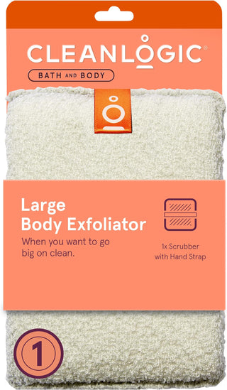 A CleanLogic Exfoliating Body Scrubber featuring a dual-texture design, perfect for gently exfoliating and removing dead skin cells to reveal softer, smoother skin. This sustainable scrubber is ideal for daily use, helping to open pores and restore the skin's natural glow.