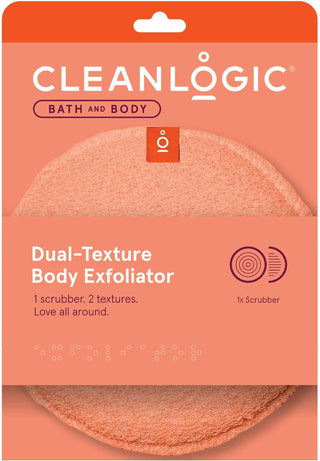 A Clean Logic round dual-texture exfoliating body scrubber, designed to gently scrub away dead skin cells and impurities. Features a soft side for gentle cleansing and a textured side for deeper exfoliation. Ideal for restoring skin's natural glow and leaving it smooth and refreshed.