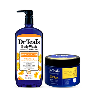 Dr Teal's Glow Radiance Body Wash With Vitamin C & Citrus Essential Oils, 710ml & Dr Teal’s Aromatherapy Energy Body Scrub with Orange, Sage and Bergamot, 454ml