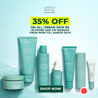Promotional banner for Urban Skin Rx skin care products with a 35% off discount offer.