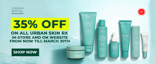 Promotional banner for Urban Skin Rx with skincare products and a discount offer on a light blue background.