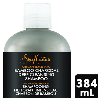 SheaMoisture sulfate-free shampoo with African Black Soap, Bamboo Charcoal, Tea Tree Oil, and Willow Bark Extract. Cleanses and soothes scalp, revitalizes hair. Ethically traded, cruelty-free