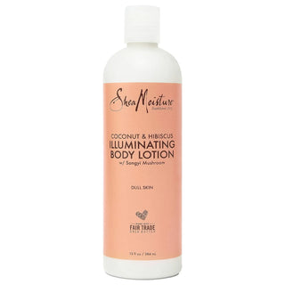 SheaMoisture Coconut Oil and Hibiscus Illuminating Body Lotion, 384ml, nourishes and brightens dull, dry skin with a non-greasy formula. Enriched with Coconut Oil, Hibiscus, and Songyi Mushroom for hydration and improved skin tone.