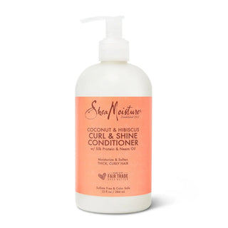 "SheaMoisture Curl & Shine Conditioner, Coconut & Hibiscus, 384g, is a rich, moisturizing conditioner designed for thick, curly hair. Formulated with organic shea butter and hibiscus flower extract, it enhances shine, softens hair, and helps control frizz, leaving curls bouncy and manageable.