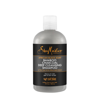 SheaMoisture sulfate-free shampoo with African Black Soap, Bamboo Charcoal, Tea Tree Oil, and Willow Bark Extract. Cleanses and soothes scalp, revitalizes hair. Ethically traded, cruelty-free.